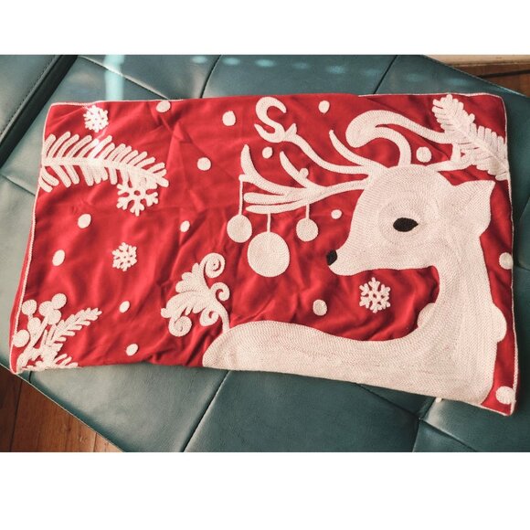 Christmas Pillow Cover Reindeer Decor Embroidered Xmas Holiday Accent Throw Case - Picture 2 of 7